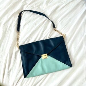 Club Monaco Envelope Bag Vegan Leather Block Colors Navy Teal Gold Chain Handle
